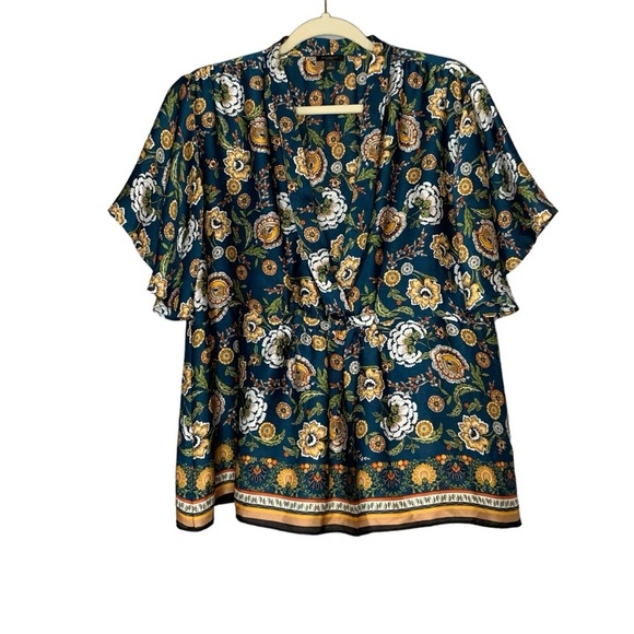 Ann Taylor Factory beautiful‎ satin teal floral blouse. Size M - Picture 1 of 8